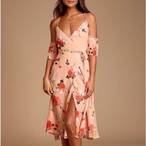 LULU's Heart's Delight Peach Floral Print Cold-Shoulder Wrap Dress  L